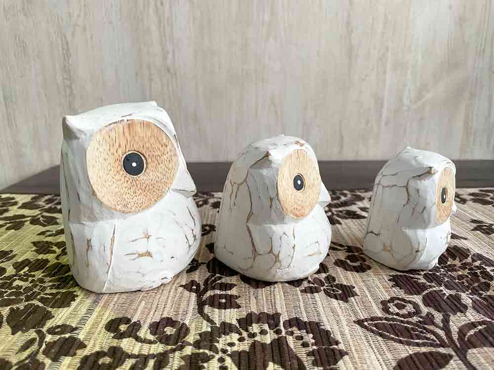 木彫り フクロウ 3体セット 白 ホワイト インテリア 置き物 木製