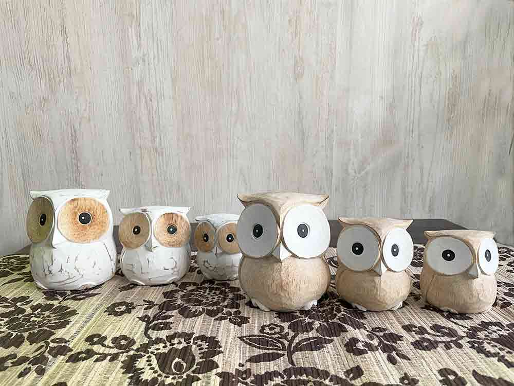 木彫り フクロウ 3体セット 白 ホワイト インテリア 置き物 木製
