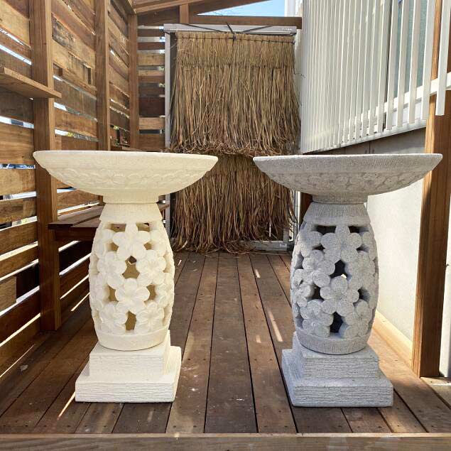 ガーデンオブジェ プルメリア柄ボウル 透かしスタンド 石台 H75cm 2色