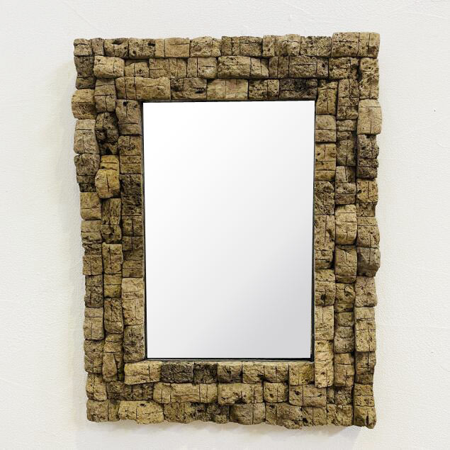 アジアンミラー 軽石タイル フレーム 鏡 H60 W45 壁掛けミラー 木製