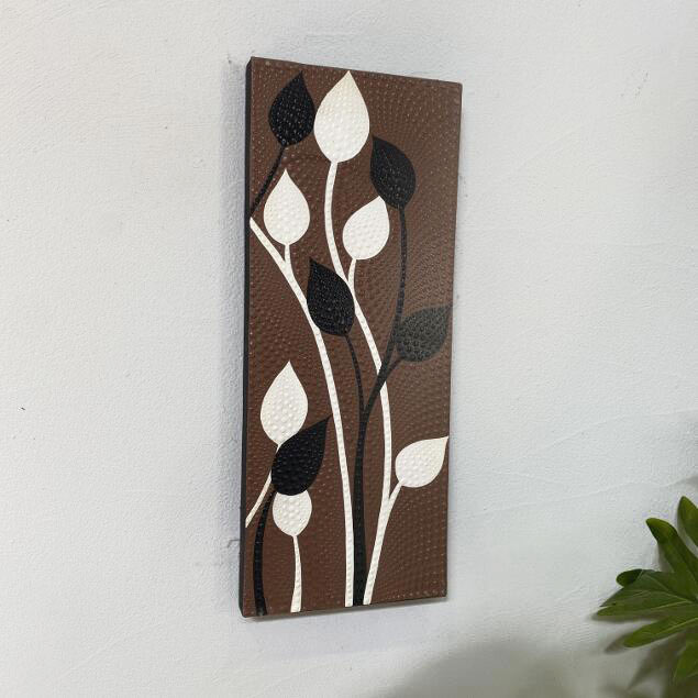 バリ絵画 ドットアート リーフ ブラウン 3連 H50×W60cm アートパネル