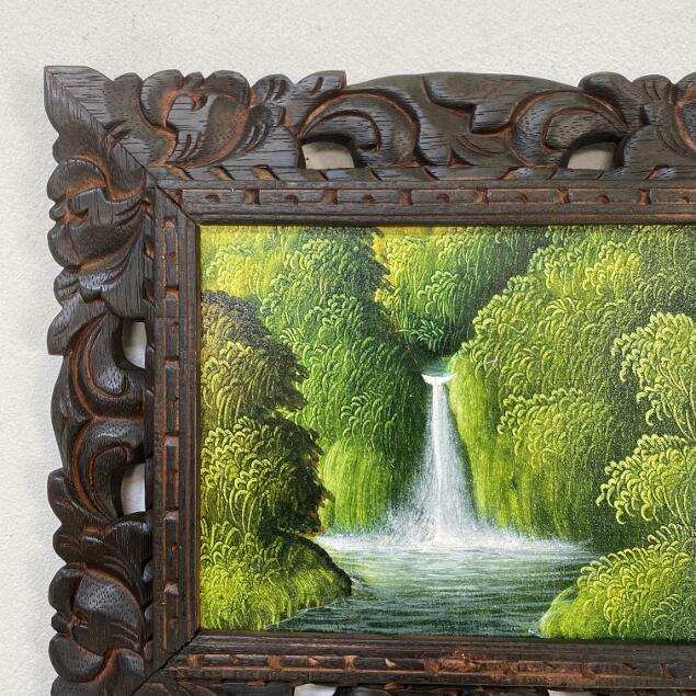 バリ絵画 滝の絵 森の滝 森の絵 額付き ３タイプ W38×H33cm 癒し 