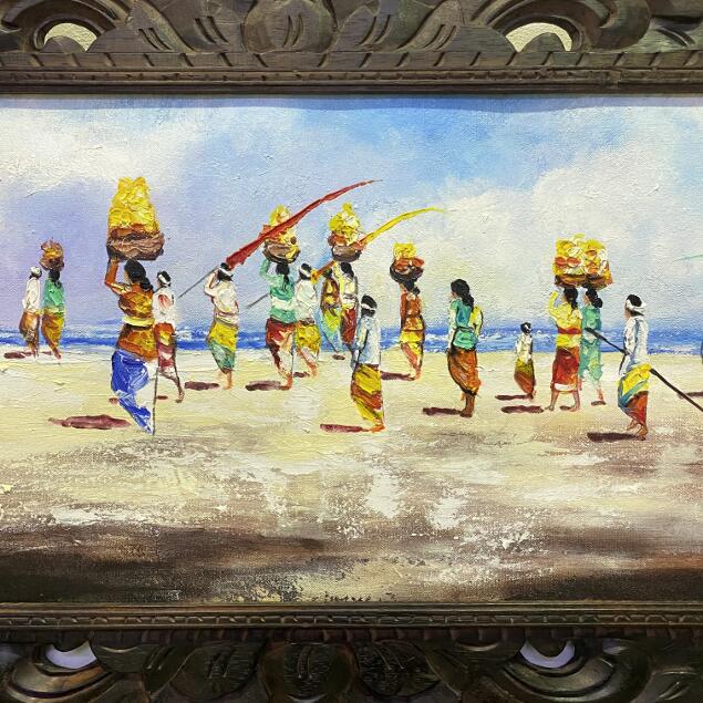 バリ絵画 風景画 浜辺 フレーム付 W140×H60cm 大型 バリアート