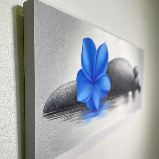 バリ島の絵画 プルメリア 青 ストーン フレームなし W90×H40cm