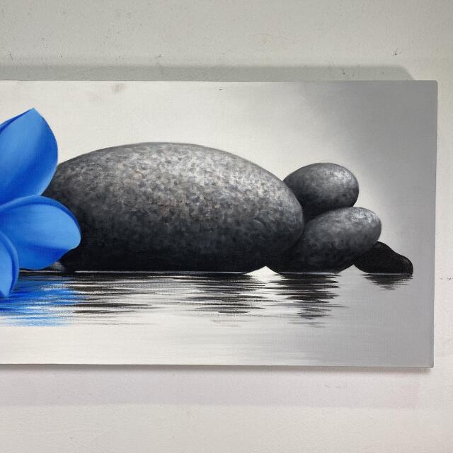 バリ島の絵画 プルメリア 青 ストーン フレームなし W90×H40cm