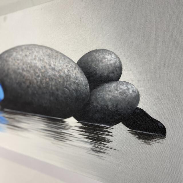 バリ島の絵画 プルメリア 青 ストーン フレームなし W90×H40cm 花の絵