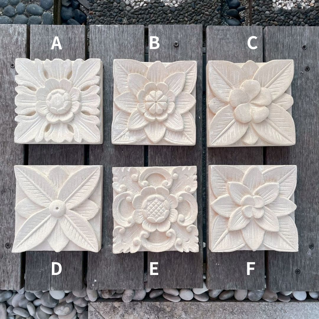バリ島石材 ストーンレリーフ 15×15cm 厚み3cm 6タイプ フラワータイル