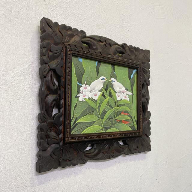 バリ絵画 鳥の絵 花と鳥 白い鳥 W38×H33cm 額付 ブンゴセカン 花鳥風月