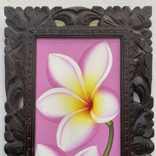 花の絵 プルメリア 白 W33×H63cm ピンク バリアート バリ島の絵画