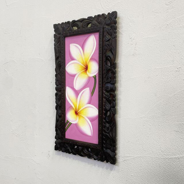 花の絵 プルメリア 白 W33×H63cm ピンク バリアート バリ島の