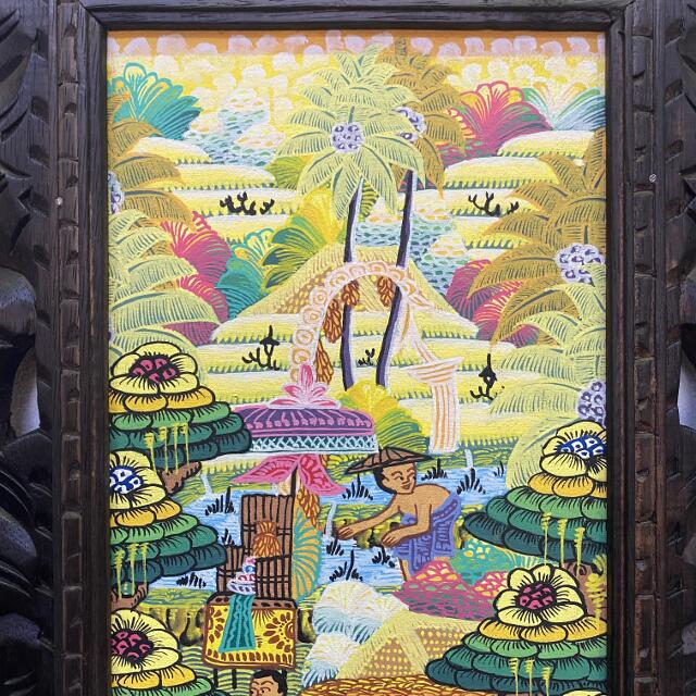 バリ絵画 風景画 山とライステラス W33×H63 パステルカラー