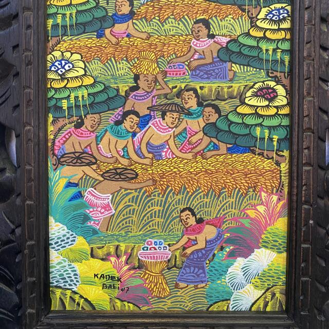 バリ絵画 風景画 山とライステラス W33×H63 パステルカラー