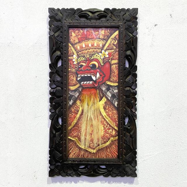 バリ絵画 神獣の絵 バロン ひげ付 W33×H63 バリ アート 額縁