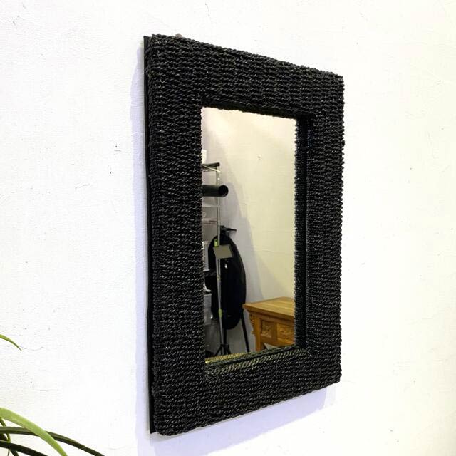 壁掛け鏡 アジアンミラー 鏡 壁掛け 85×55cm ラタン 網目 黒 ウォール