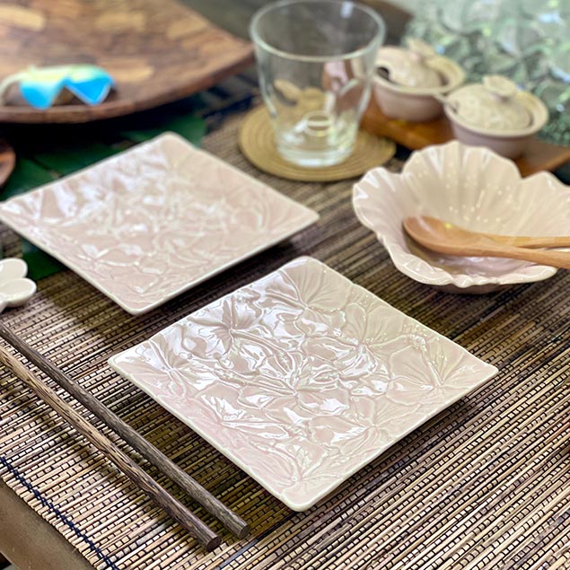 ジェンガラ 角皿 平皿 小皿 ハイビスカス 2枚1セット 3色 14×14cm 白