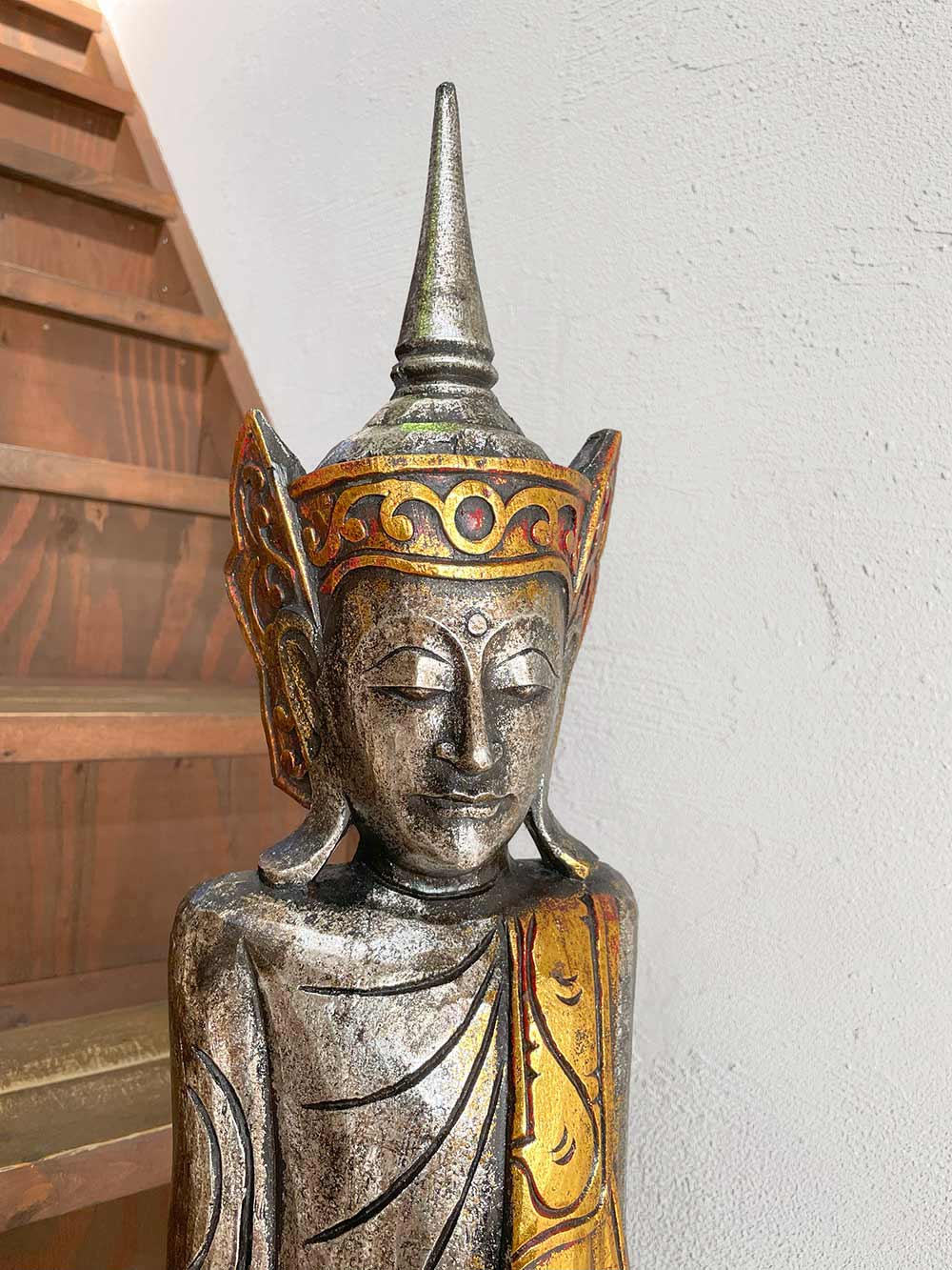 木彫り ブッタ オブジェ 立ち 木製 置物 H98cm 金 銀 ウッド