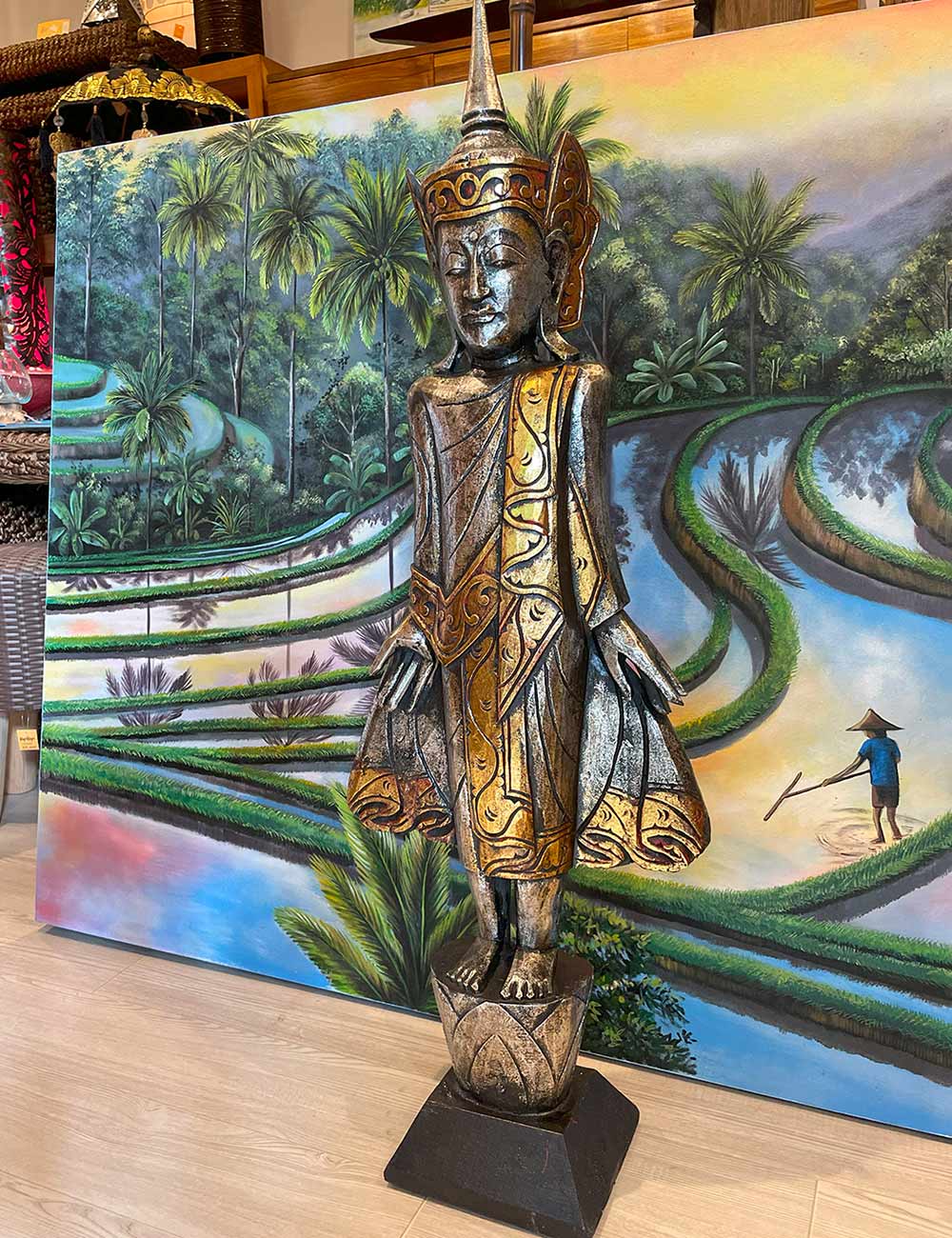 木彫り ブッタ オブジェ 立ち 木製 置物 H98cm 金 銀 ウッド