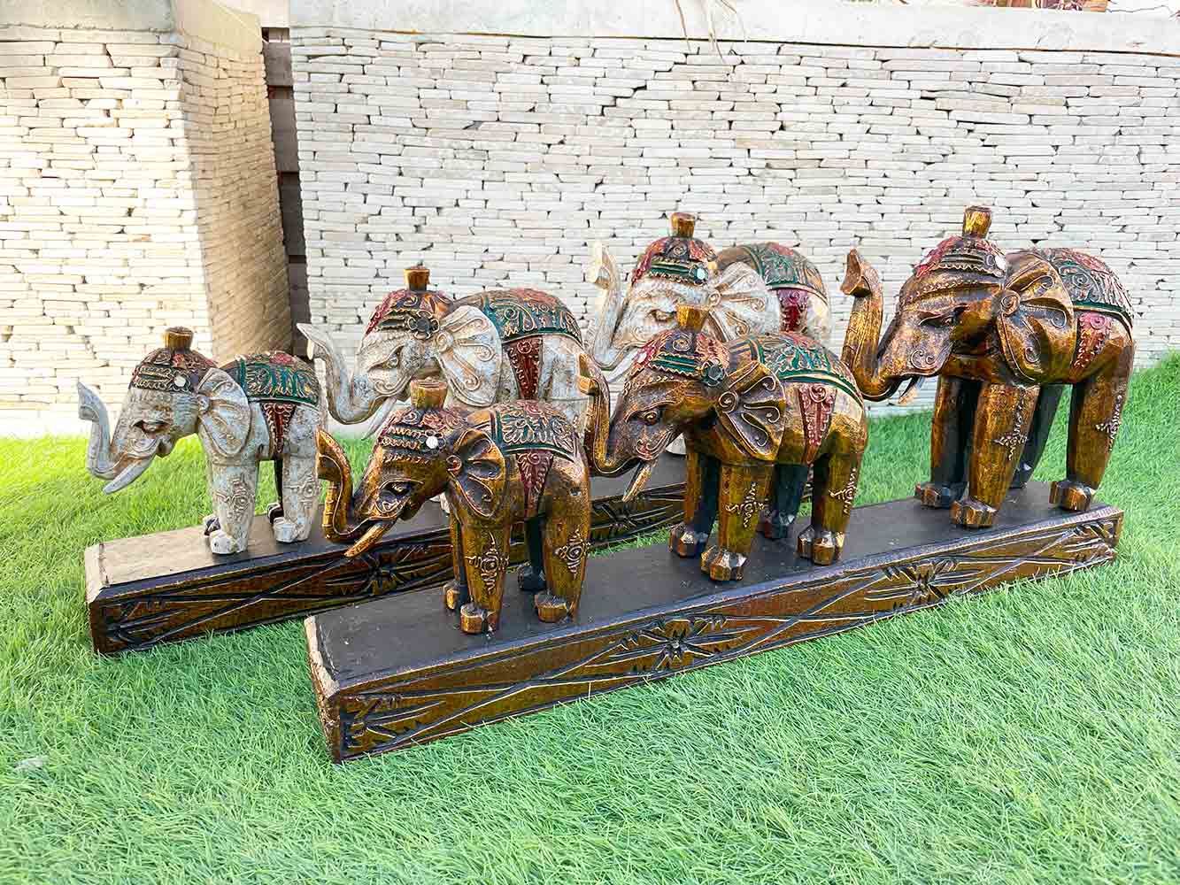 象の置物 3連 木彫りの象 W65cm 2色 金 白 象 ゾウのオブジェ