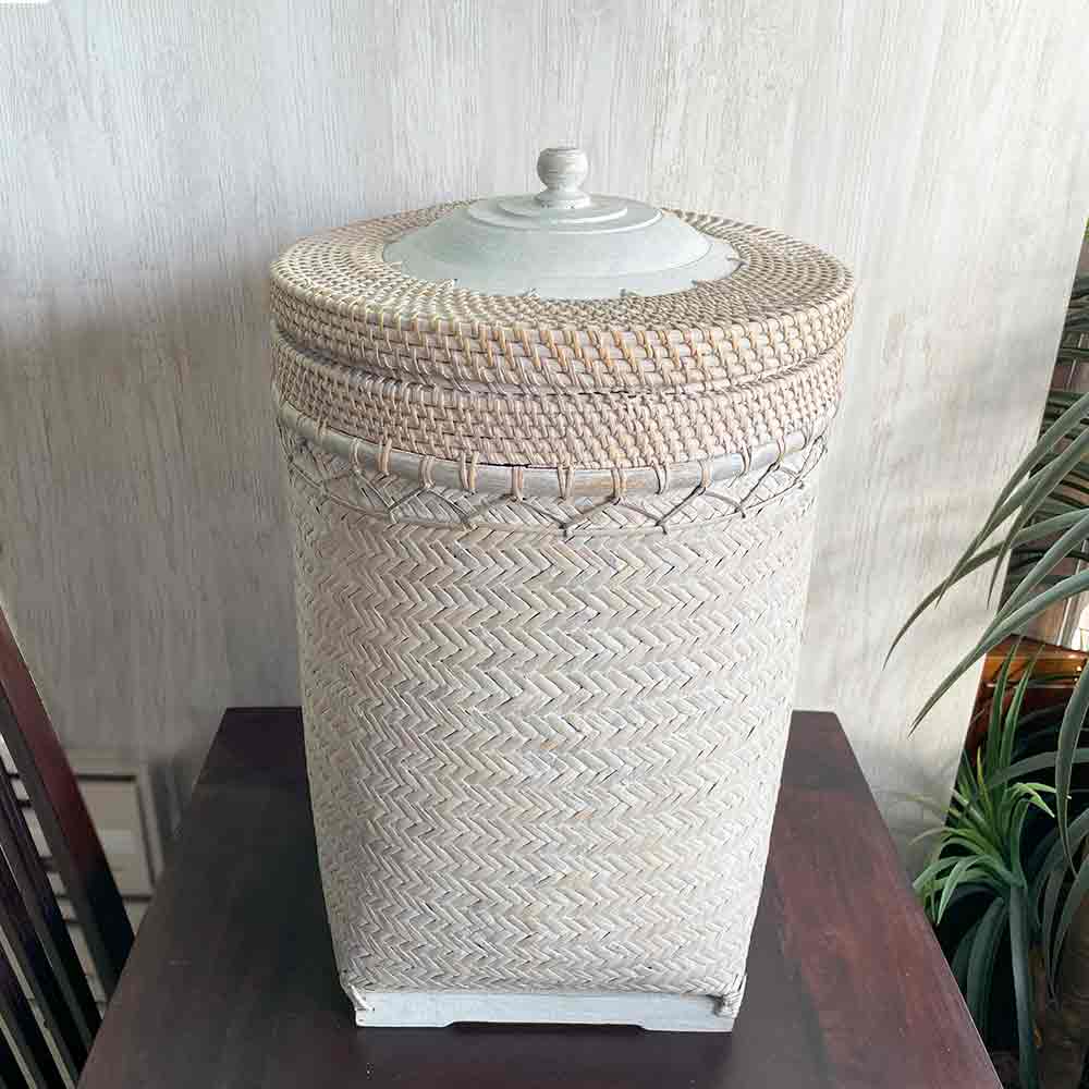ランドリー ボックス 蓋付 収納BOX W40cm 茶 白 籐 竹 ラタン バンブー