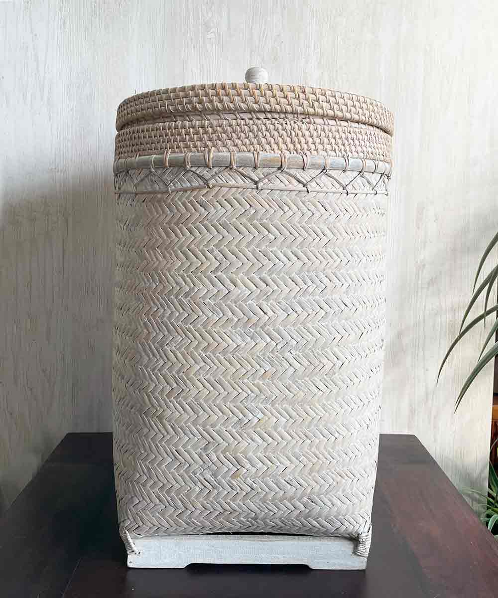 ランドリー ボックス 蓋付 収納BOX W40cm 茶 白 籐 竹 ラタン バンブー