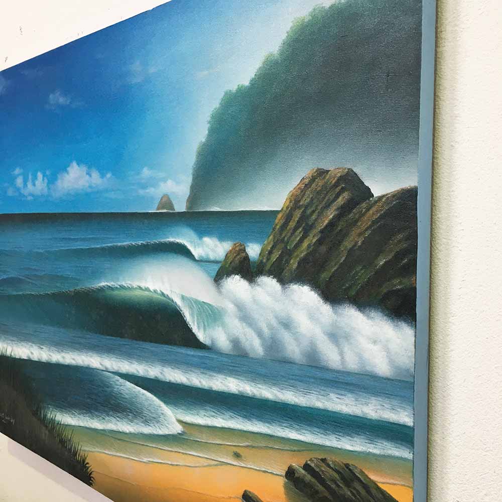 バリ島の風景画　バリ島にて購入 バリの絵 風景画 海辺と舟 サンセット 額付き 63×33 (1149-1