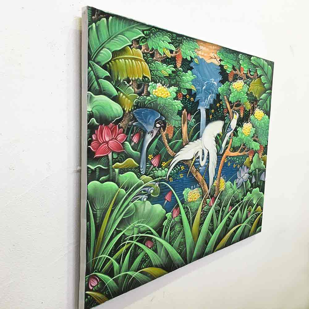 バリ絵画 鳥の絵 W80×H60cm 花鳥風月 絵画 アートパネル 緑 バリ