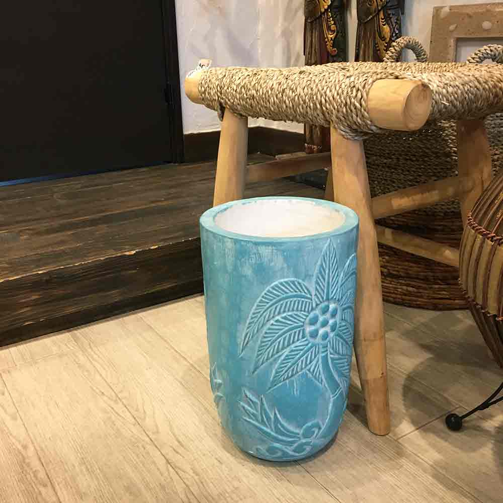 木製 ポット ラウンド型 ブルー フラワーベース 花瓶 造花 ごみ箱