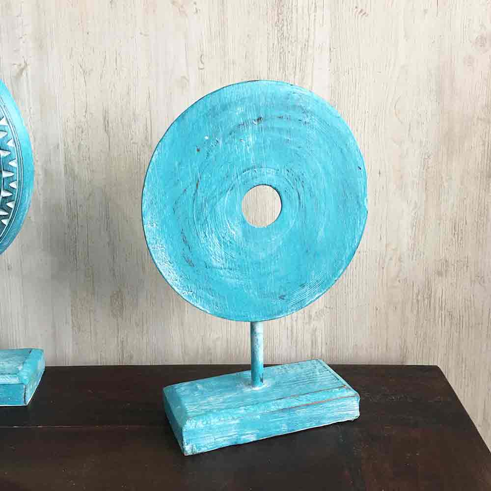 木彫り スタンドオブジェ 置物 ターコイズブルー Lサイズ 丸型 円盤