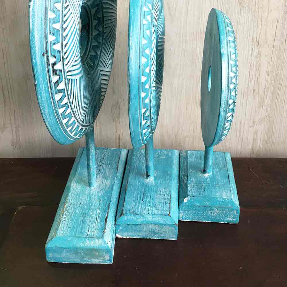 木彫り スタンドオブジェ 置物 ターコイズブルー Lサイズ 丸型 円盤
