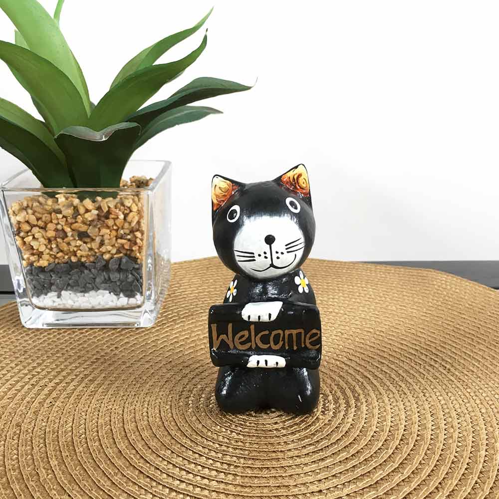 木彫り 座りバリネコ ウェルカム オブジェ 猫の置き物 猫 アジアン雑貨
