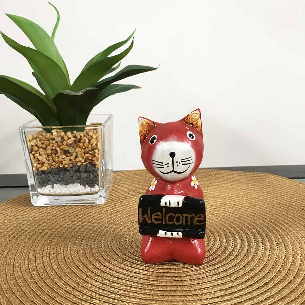 木彫り 座りバリネコ ウェルカム オブジェ 猫の置き物 猫 アジアン雑貨