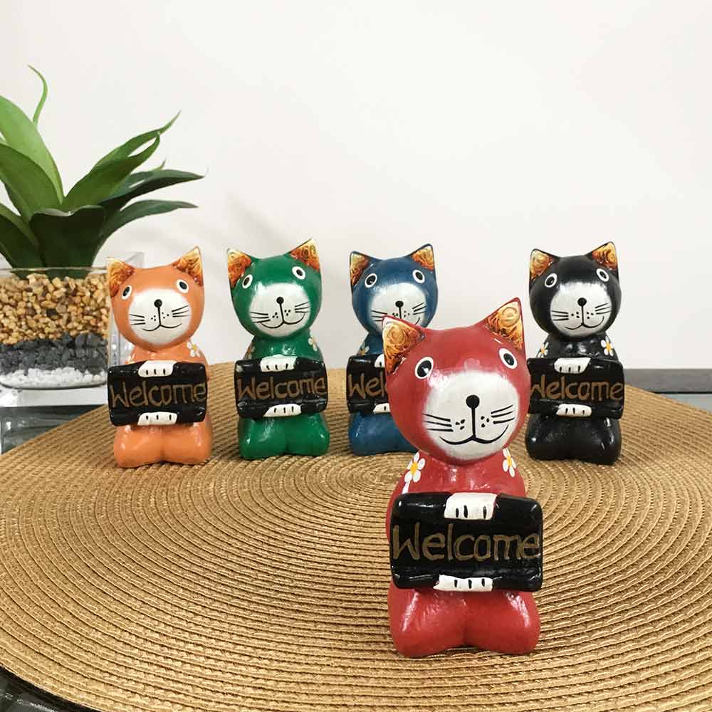 木彫り 座りバリネコ ウェルカム オブジェ 猫の置き物 猫 アジアン雑貨
