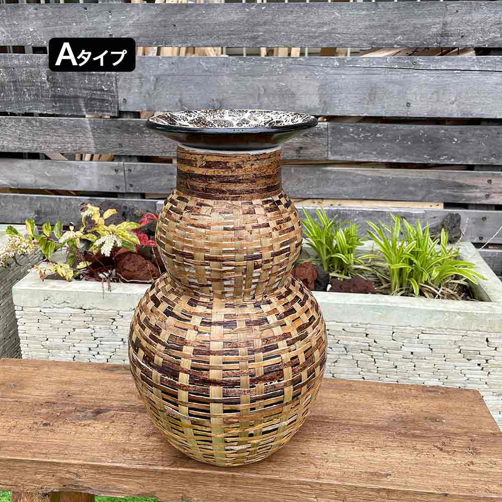 アジアン 壺 ツボ フラワーポット 花瓶 トレイ付き H40cm 2タイプ