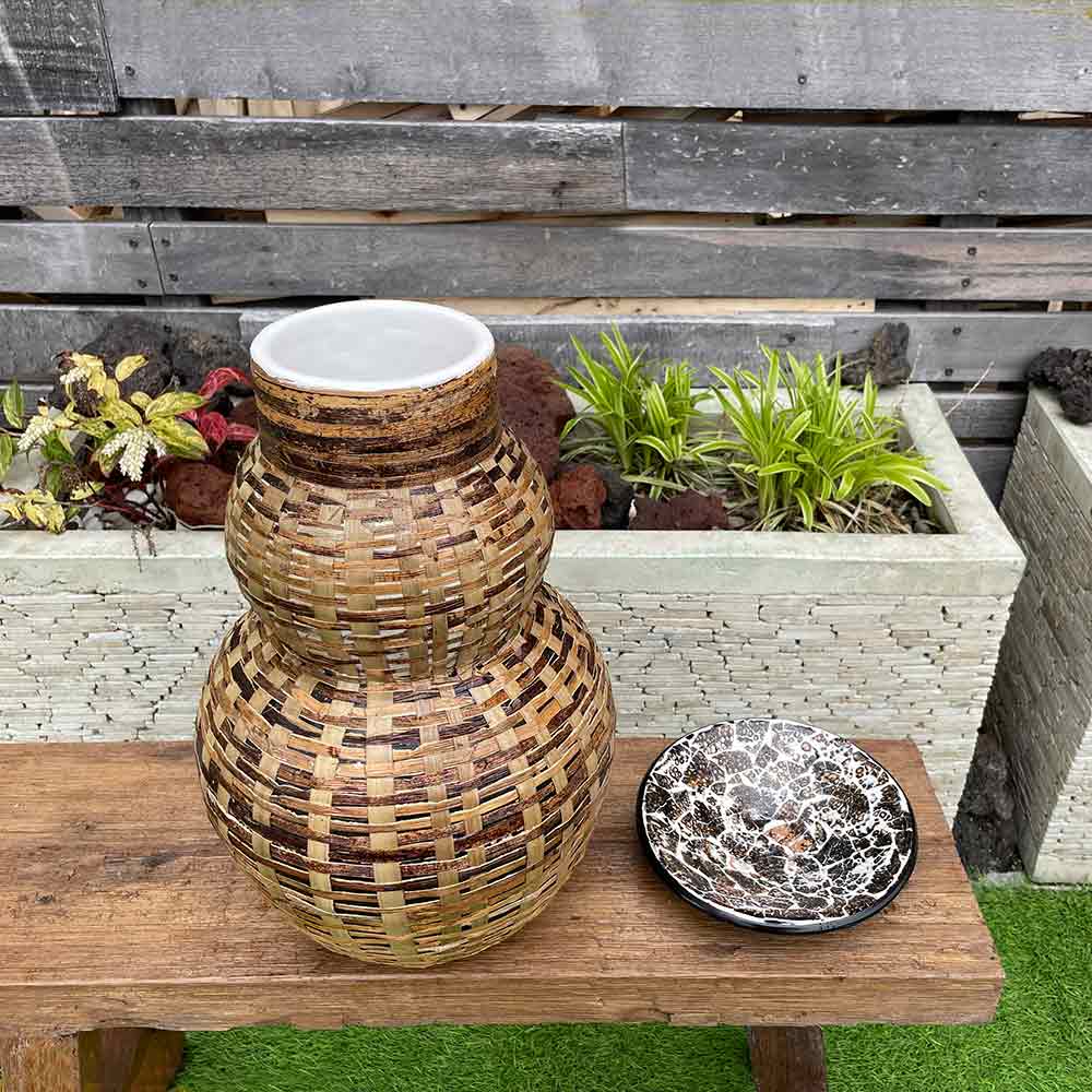 アジアン 壺 ツボ フラワーポット 花瓶 トレイ付き H40cm 2タイプ