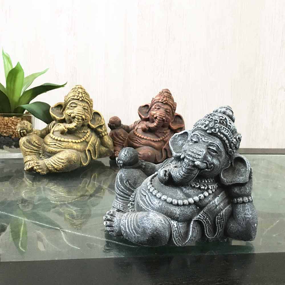 ガネーシャ 石像 ミニ 寝そべり 3色 H13cm 金 ゴールド グレー