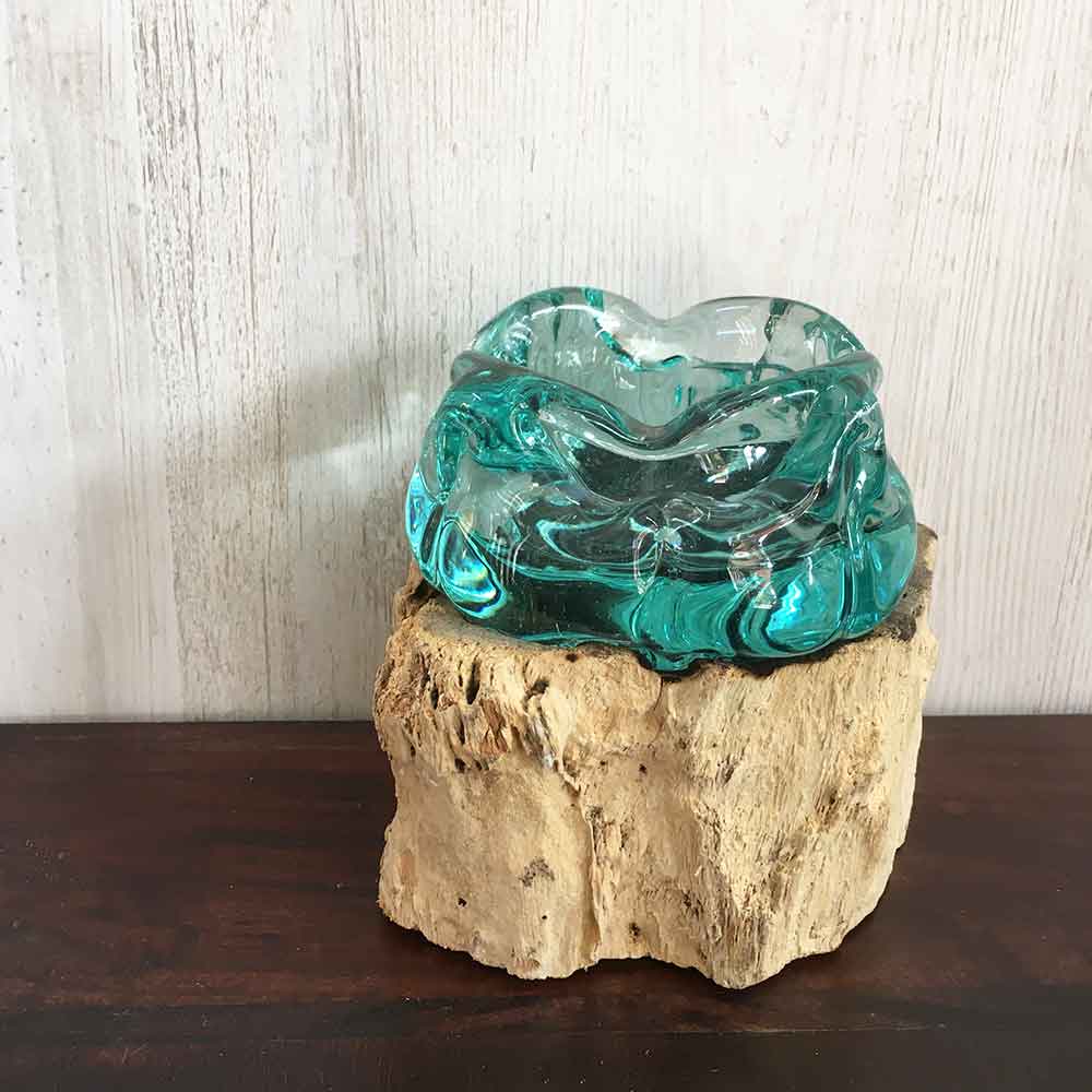 アジアン雑貨 灰皿 ガラス スタンド付 ブルーグリーン ガラスの