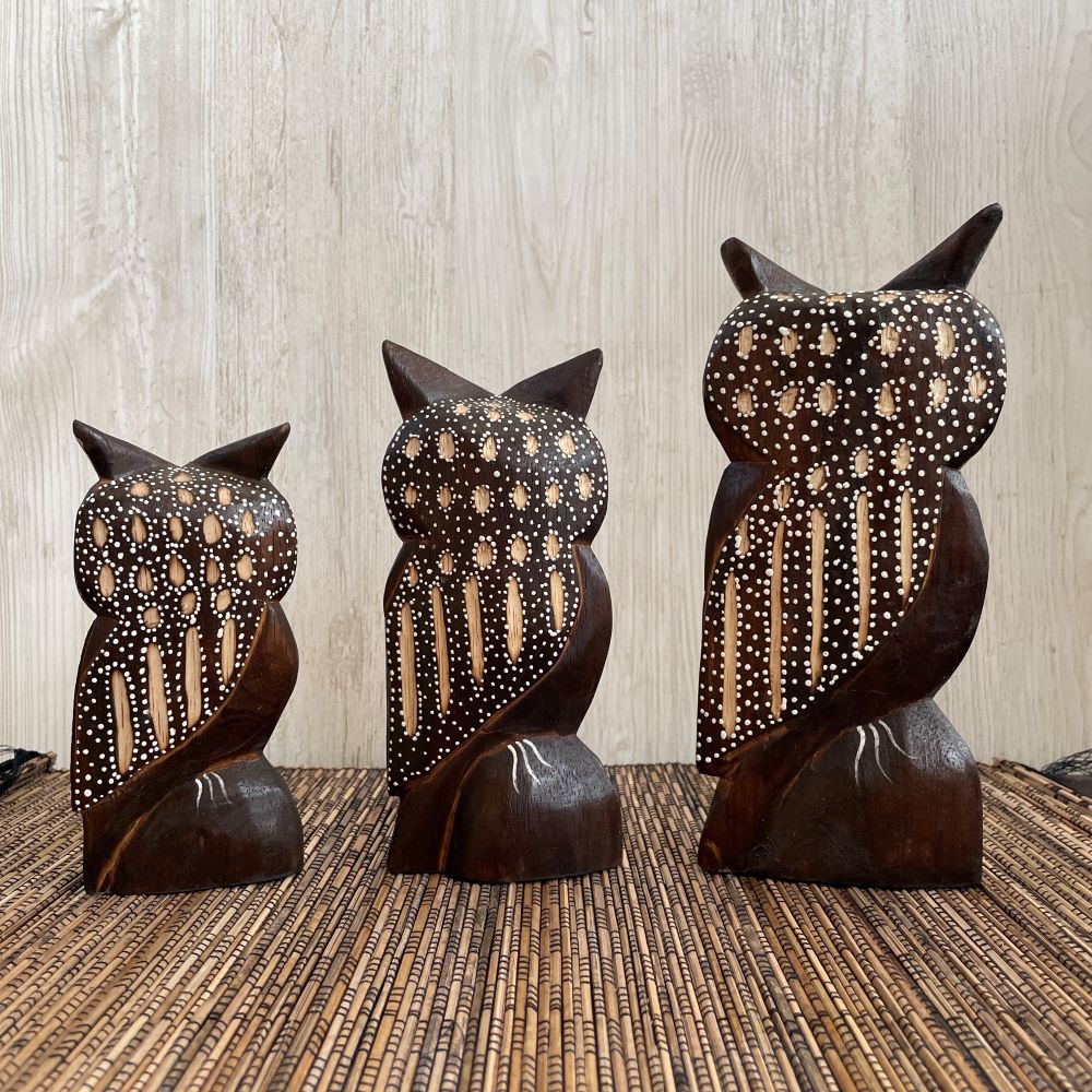 木彫り フクロウ3体セット インテリア 置き物 木製オブジェ アジアン