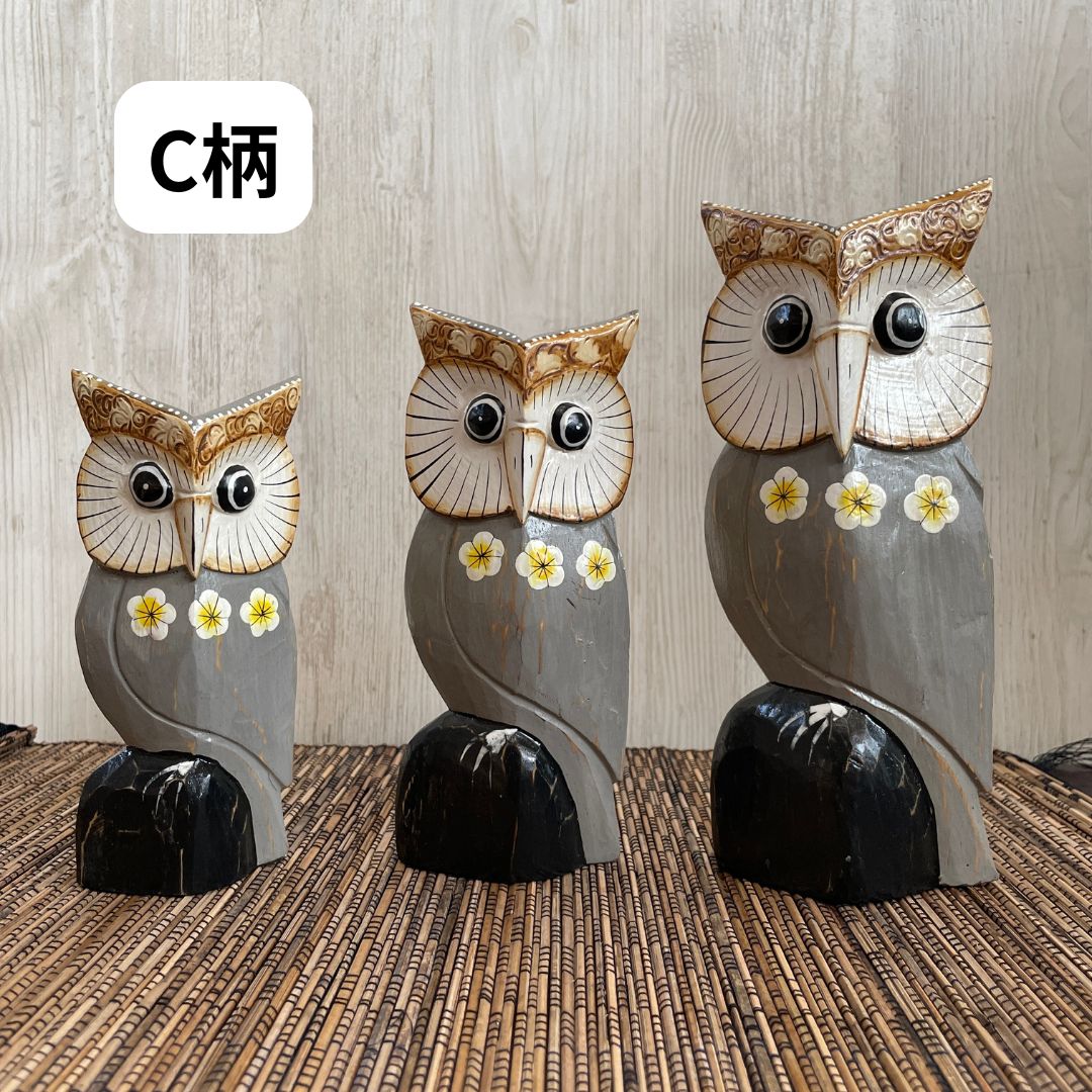 木彫り フクロウ3体セット インテリア 置き物 木製オブジェ アジアン