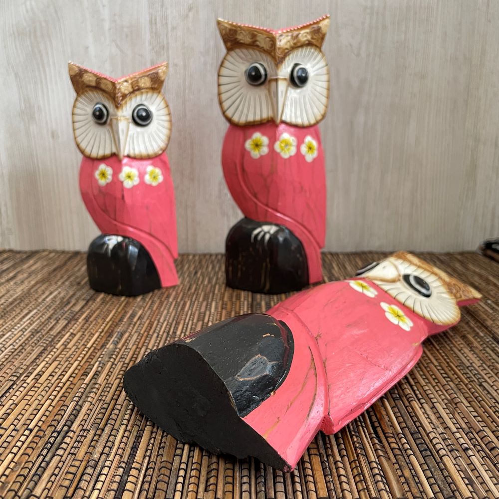 木彫り フクロウ3体セット インテリア 置き物 木製オブジェ アジアン