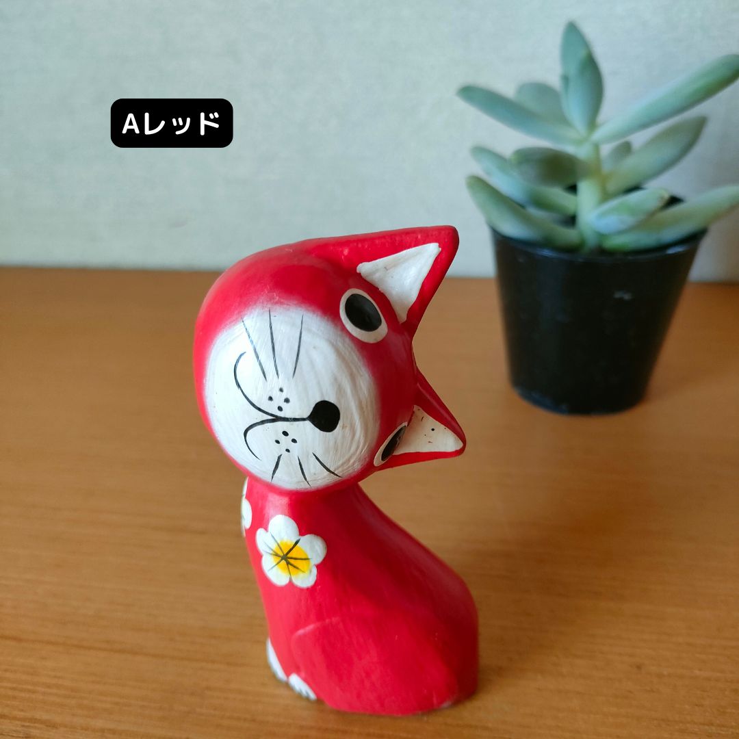 木彫り かしげバリネコ 5色 セット アニマル 猫 置物 小物 バリ島