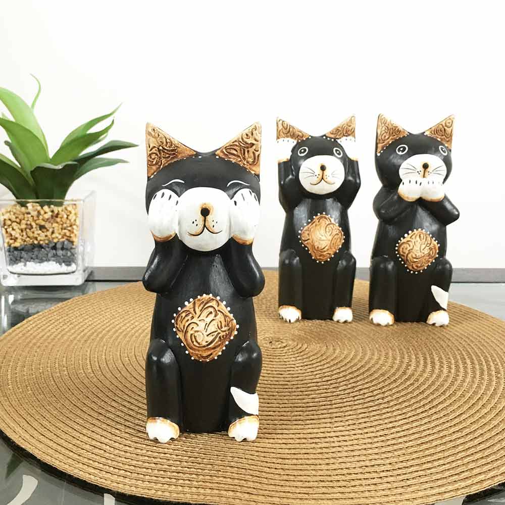アジアン雑貨 バリネコ 3匹セット 木製 黒猫 クロネコ 猫の置き物