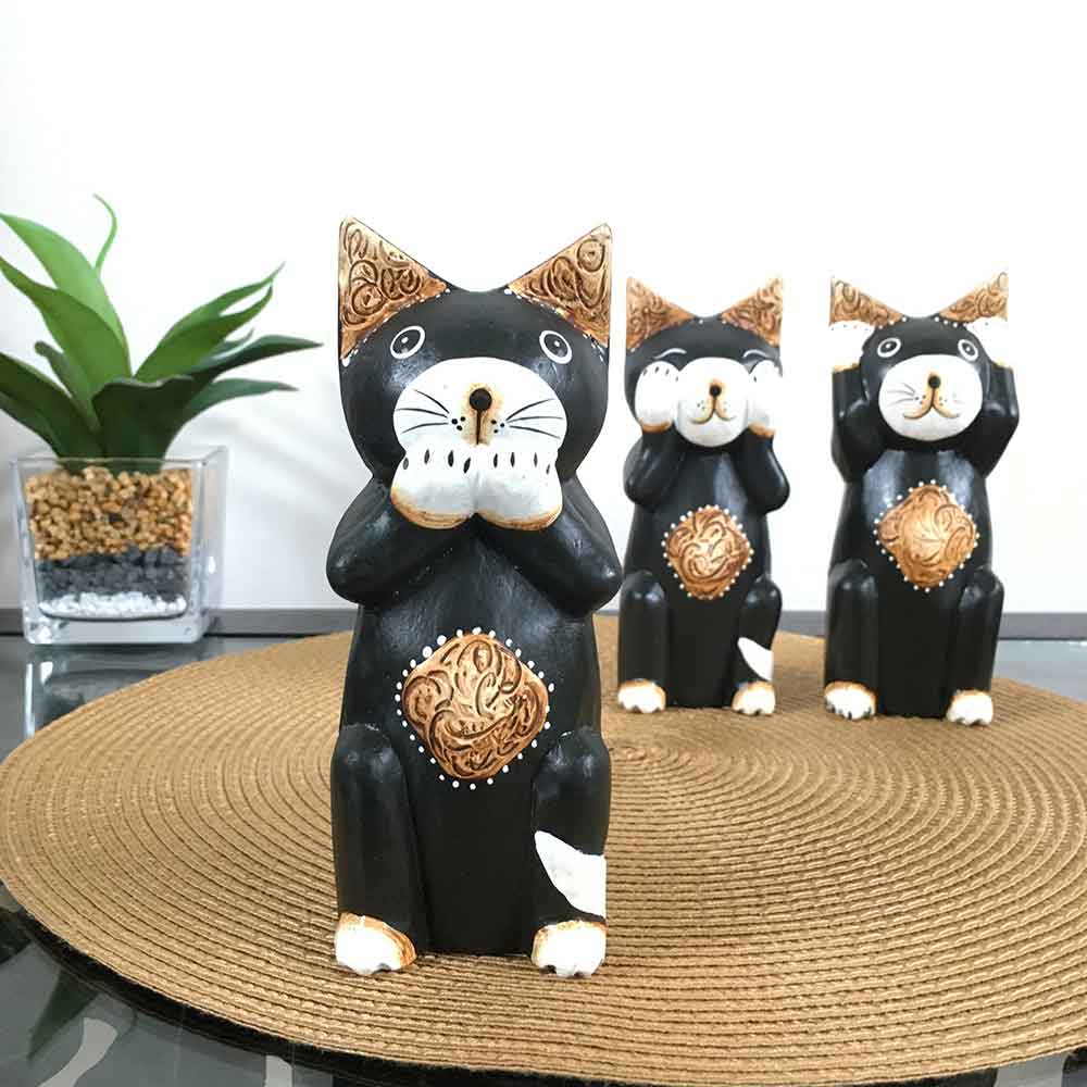 アジアン雑貨 バリネコ 3匹セット 木製 黒猫 クロネコ 猫の置き物