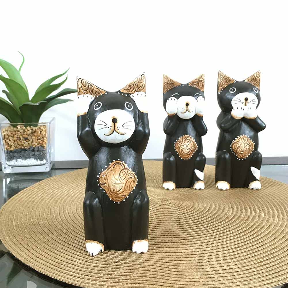 アジアン雑貨 バリネコ 3匹セット 木製 黒猫 クロネコ 猫の置き物
