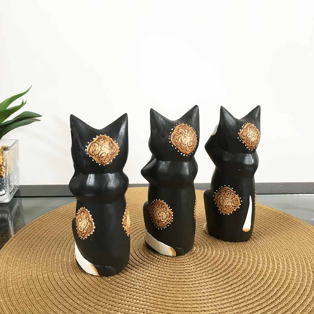 アジアン雑貨 バリネコ 3匹セット 木製 黒猫 クロネコ 猫の置き物