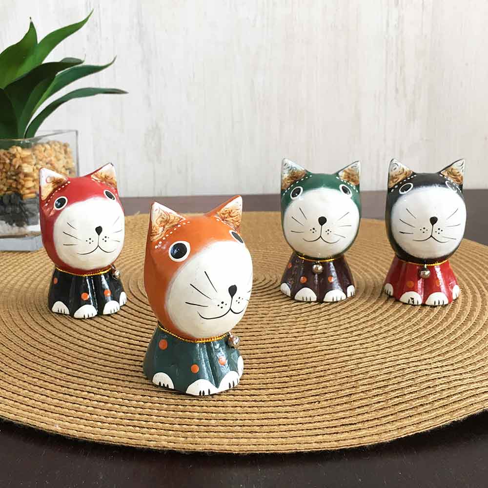 木製 バリネコ オブジェ ネコの置き物 4色 木彫り ネコのオブジェ 猫