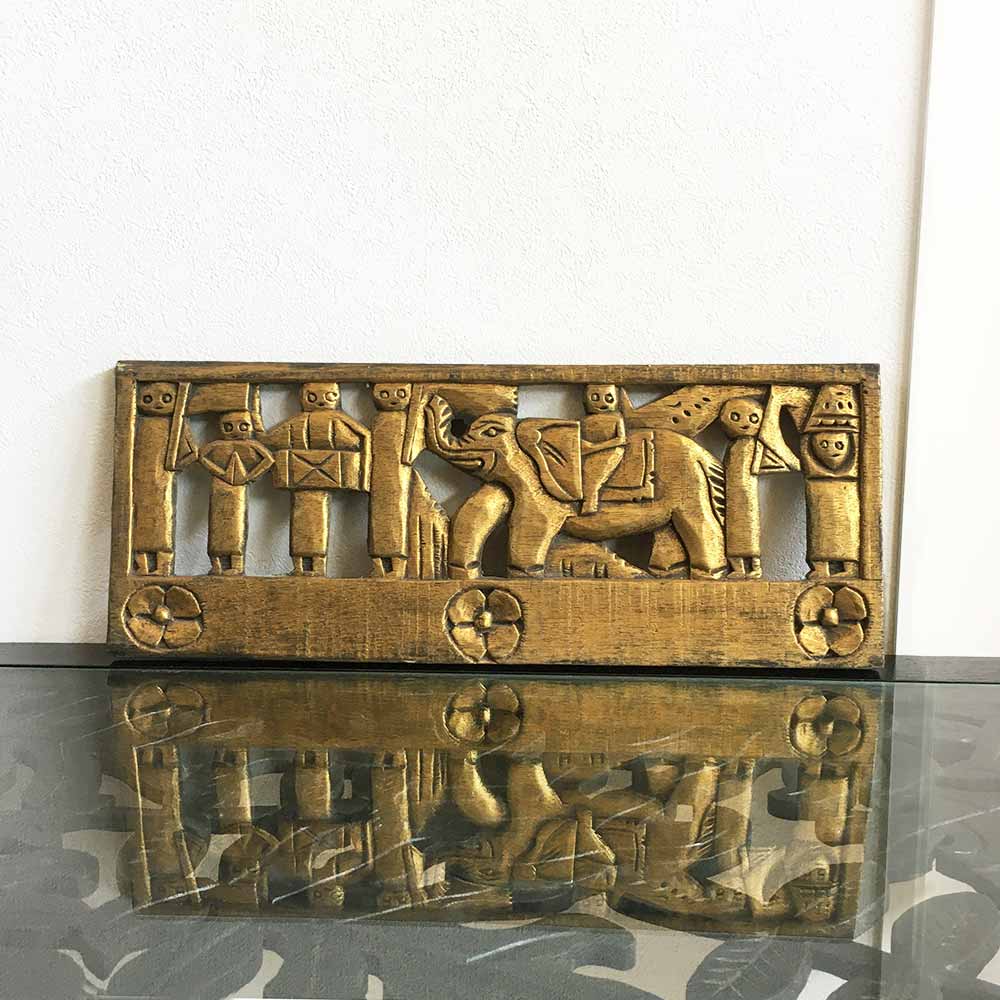 アジアン雑貨 木製 レリーフ ゾウ 象 W50cm ゴールド 金 アートパネル