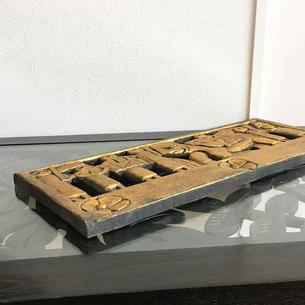アジアン雑貨 木製 レリーフ ゾウ 象 W50cm ゴールド 金 アートパネル