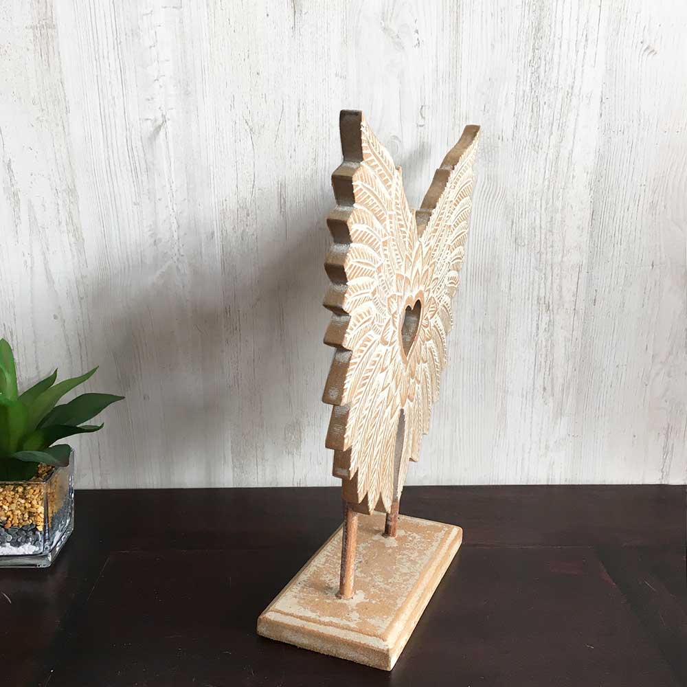 木製 スタンド オブジェ ウィング 翼 羽 ハート H36cm ベージュ 木彫り