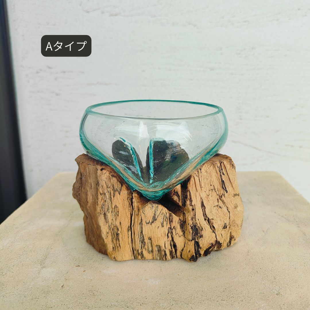 流木ガラス ドリフトウッド 置物 花瓶 フラワーベース 土台つき 小さめ