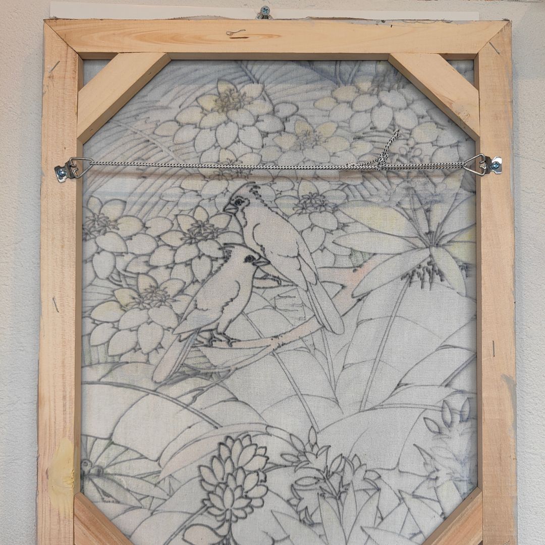 バリ絵画 鳥の絵 2羽 小鳥 花の絵 フラワー W40×H50cm ブンゴセカン